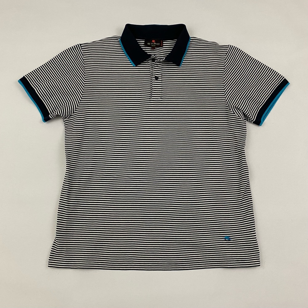 ETRO Black and White Striped All Cotton Short Sleeve Polo Shirt
